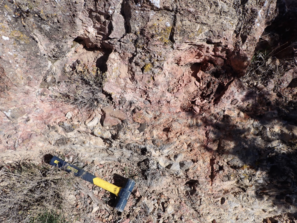 Massive Limestone unit within the Bingham Mine Formation with detail photograph of breccia at base partially covered by colluvium.